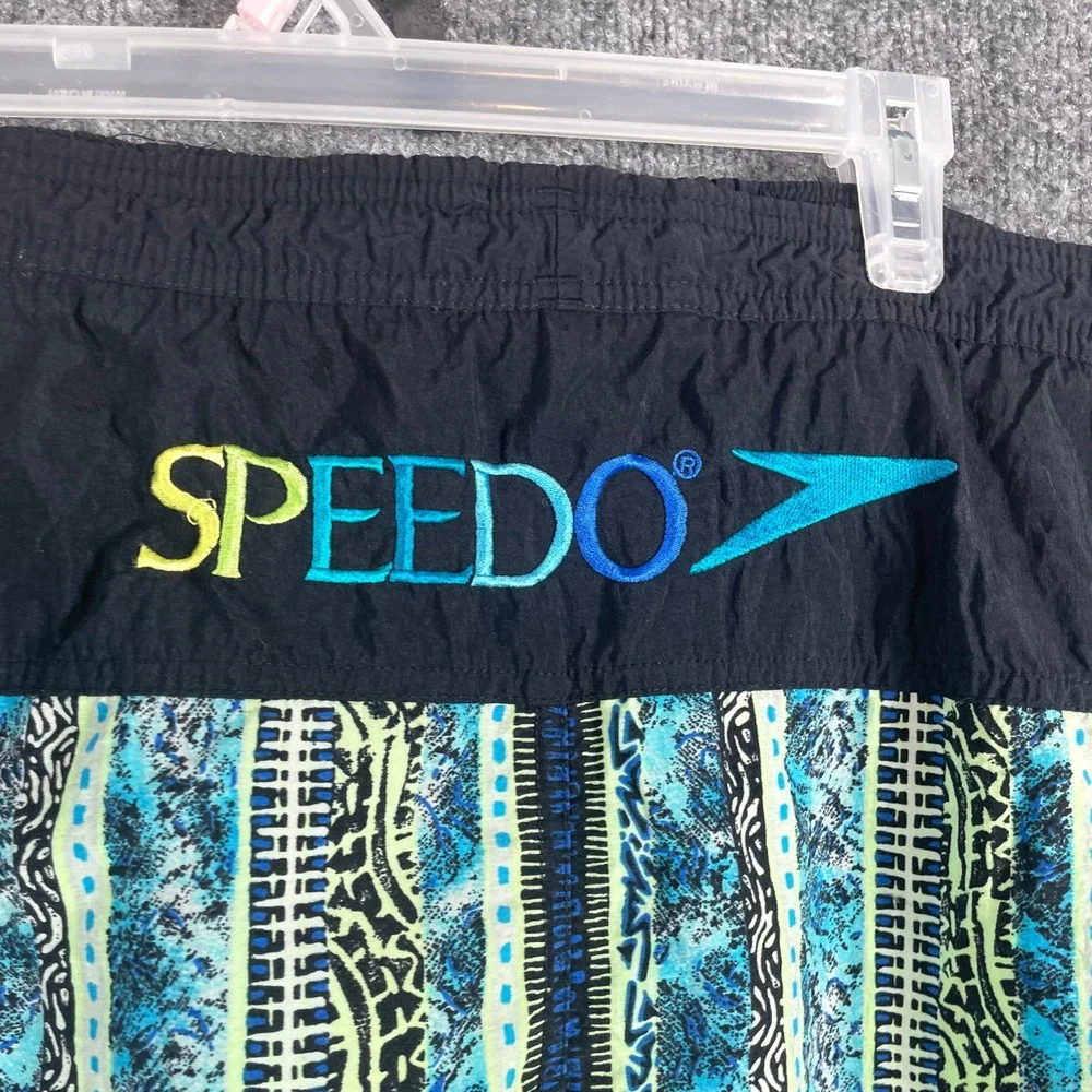 VTG Speedo Swim Trunks Mens Large Blue Geometric‎ Spell Out 90s Surf Beach Retro